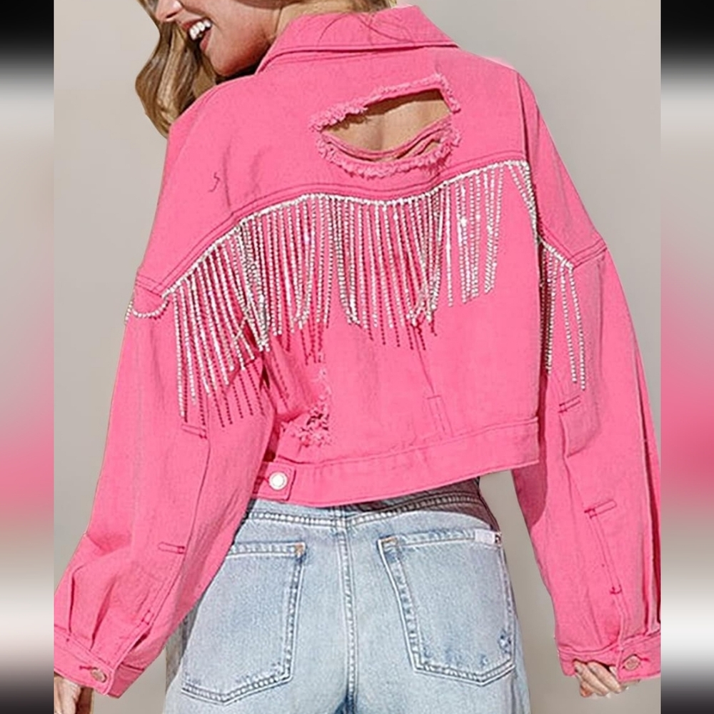 Rhinestone Fringe Pink Denim Jacket - Picture 1 of 7